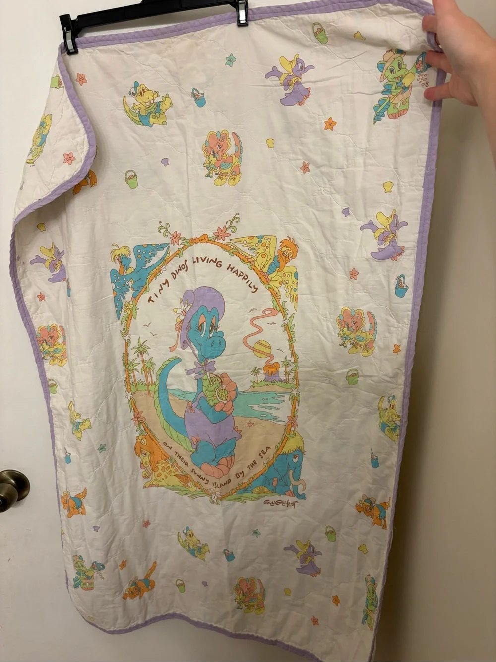 VTG 1987 Guy Gilchrist Tiny Dinos Baby Quilt Blanket United Feature Syndicate